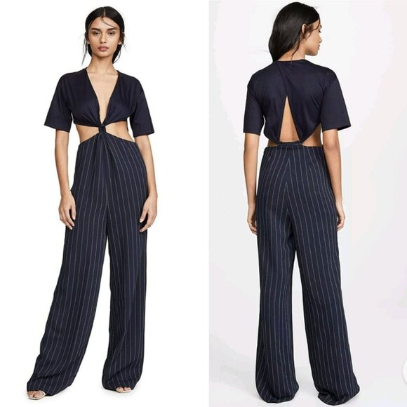 NEW Dion Lee Pinstripe Jumpsuit Navy Blue White Strips Side Cutouts - Picture 1 of 14